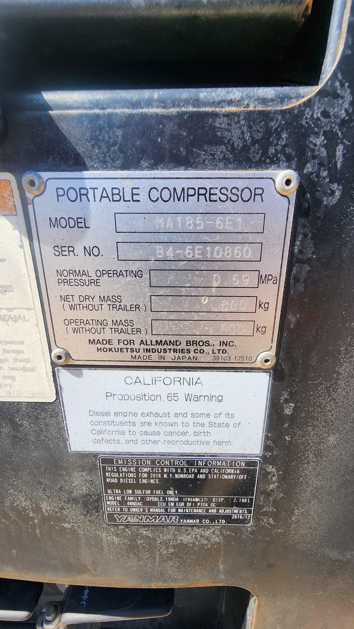 Allmand 185 CFM Air Compressor - used