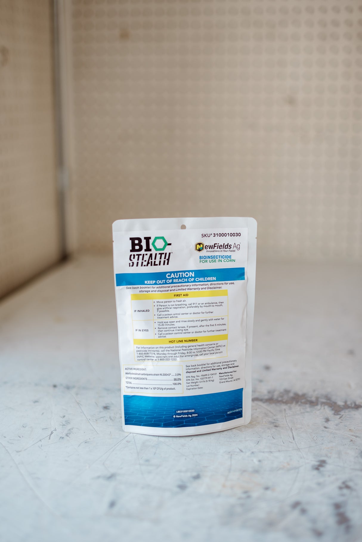 Bio-Stealth product packaging on a marble surface with a neutral background