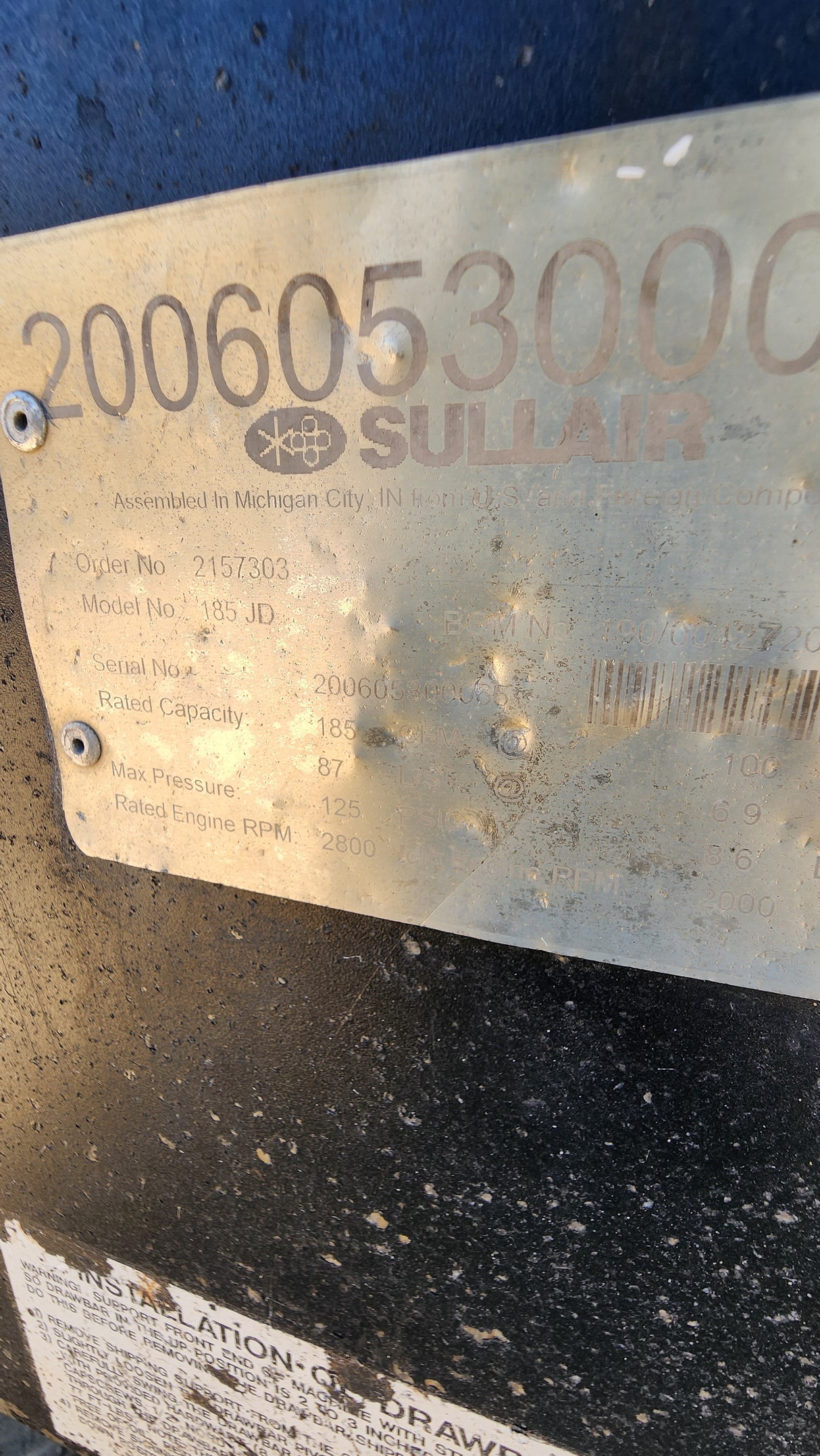 Sullair 185 CFM Air Compressor Stationary - used