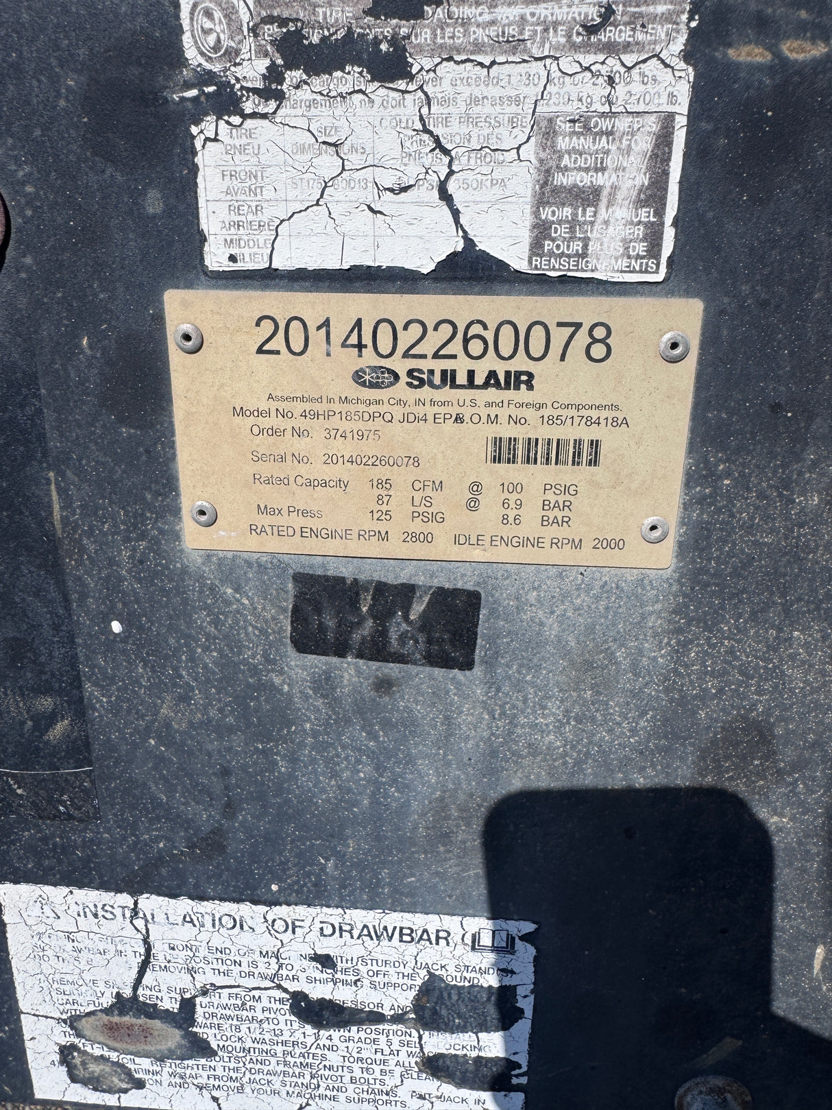 Sullair 185 CFM Air Compressor - Used 2014