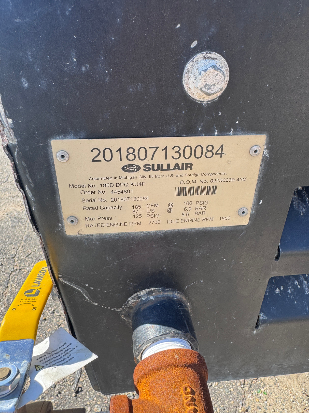 Sullair 185 CFM Air Compressor - Used 2018