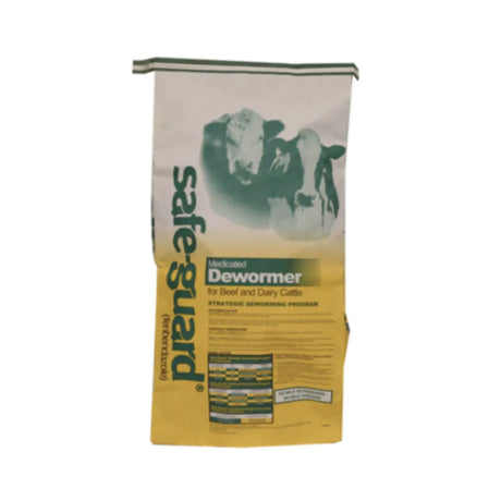 Bag of prairie pride safe guard crumbled cattle dewormer.