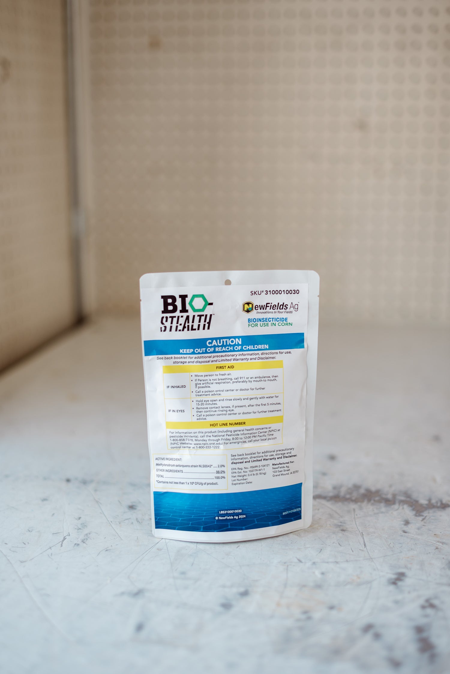 Bio-Stealth product packaging on a marble surface with a neutral background